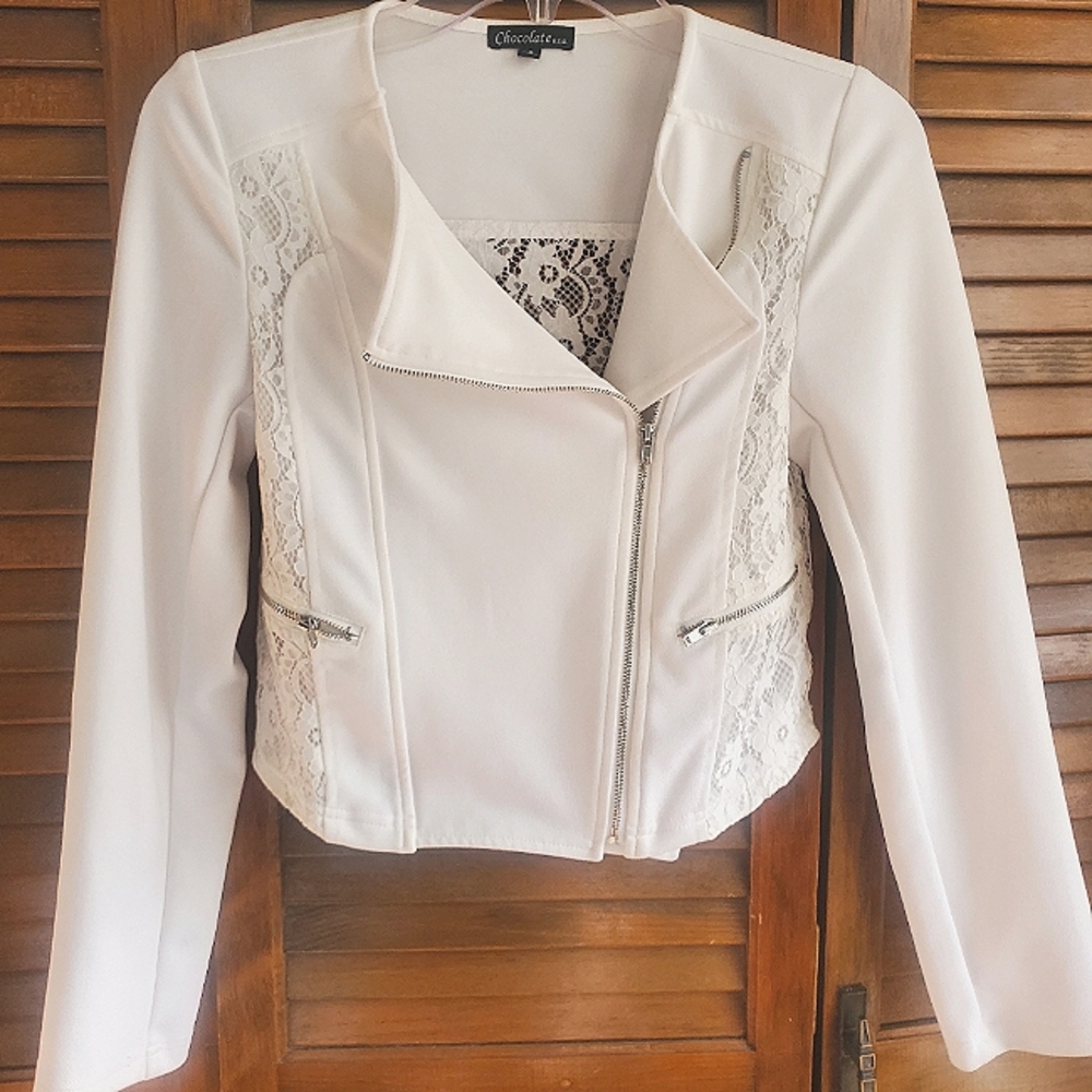 Chocolate u.s.a Size Small White Floral Lace Moto Jacket